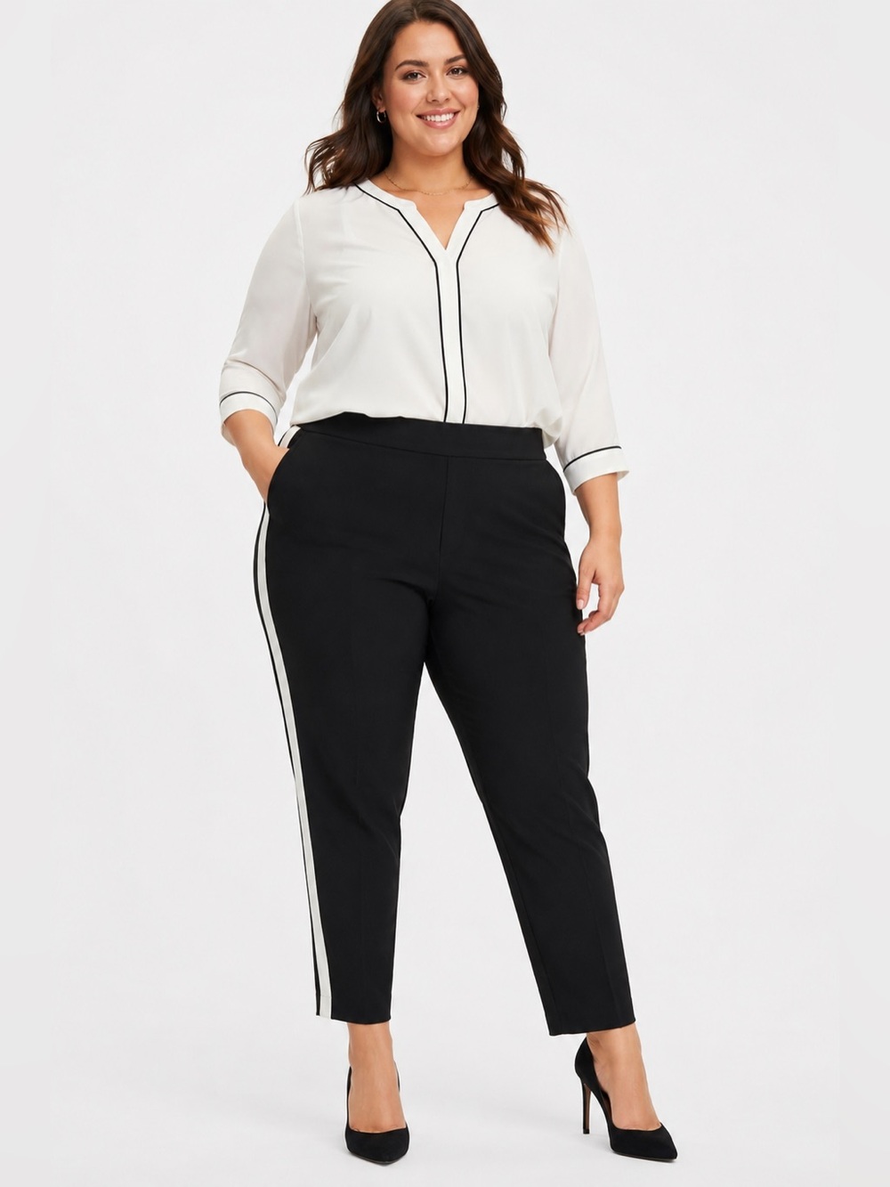 Alfani Womens 20W Comfort Waist Side Stripe Ankle Pants Black White NWT